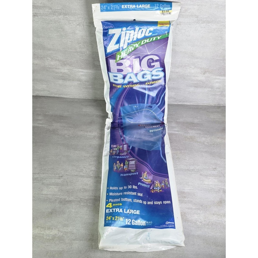 Ziploc Heavy Duty Big Bags 4 Count EXTRA LARGE 12 Gallon 24" X 21 3/8" New